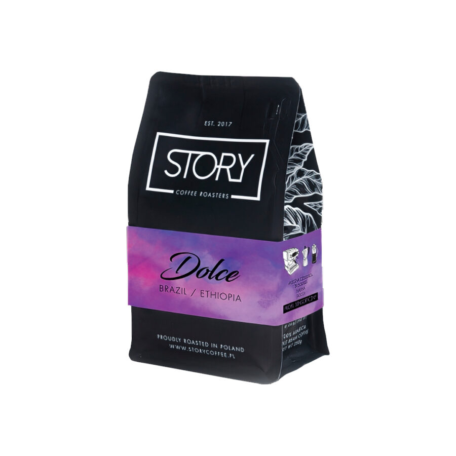 Czarne opakowanie kawy Dolce od Story Coffee Roasters z fioletową etykietą