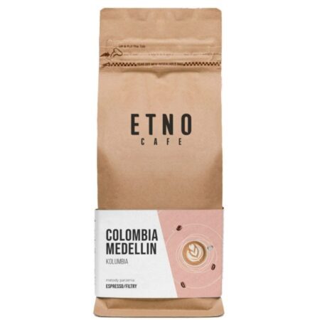 Brązowe opakowanie kawy Colombia Medellin Etno Cafe, z biało różową etykietą