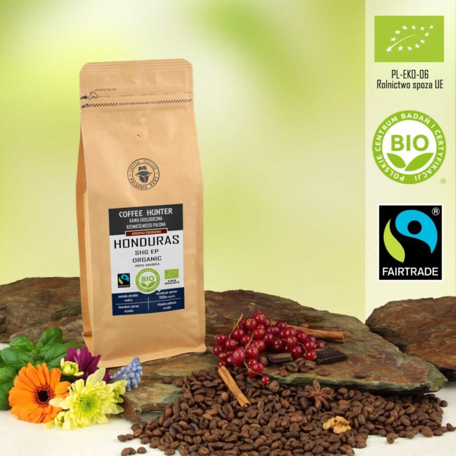 Brązowe opakowanie ekologicznej kawy Honduras SHGOrganic Hunter Coffee