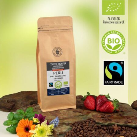 Brązowe opakowanie ekologicznej kawy Peru Organic Hunter Coffee